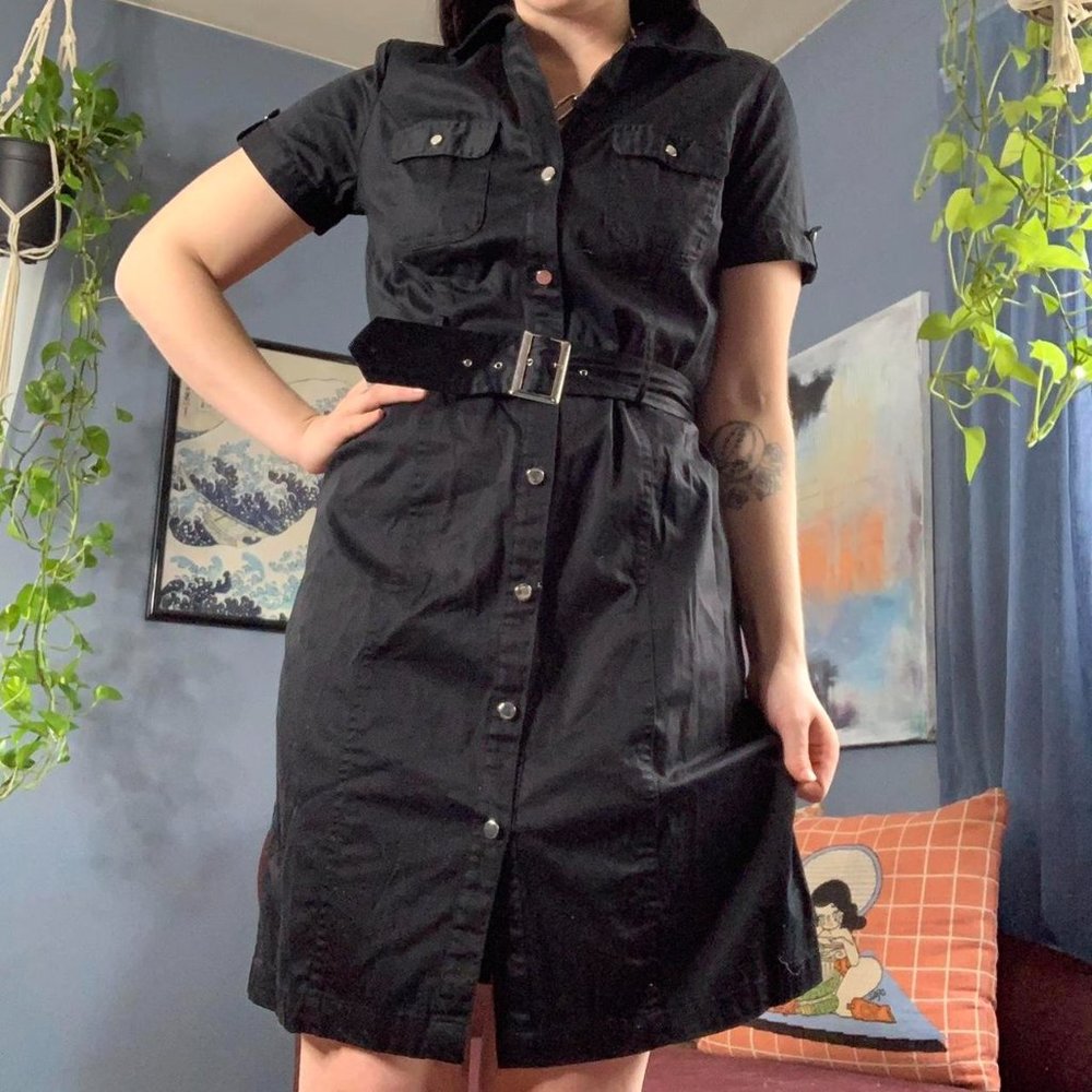 Simple Black And Silver Button Down Belted Dress - image 3
